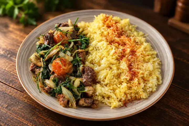 Шафрановый рис с говядиной и овощами